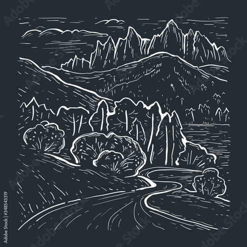 Engraving style. landscape sketch with Dolomites Mountains. Italy, Europe. Hand drawn vector illustration on a black background.