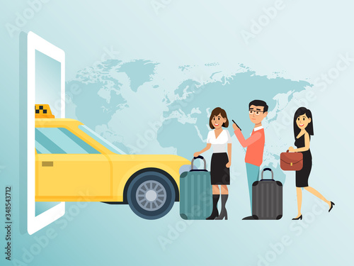 Online order city concept taxi, couple lovely male female wait public transport businesswoman run flat vector illustration. Design urban travel people hold hand luggage, world map background.