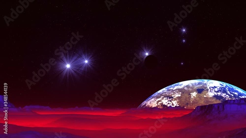 Planet Flies from the Deep of Space. In the dark sky, bright blue stars. A planet appears from the depths of space. Blue mountains and hills stand among red fog. Above the horizon is a blue planet.