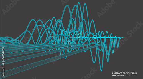 Vector abstract background with a wireframe dynamic waves, line and particles.