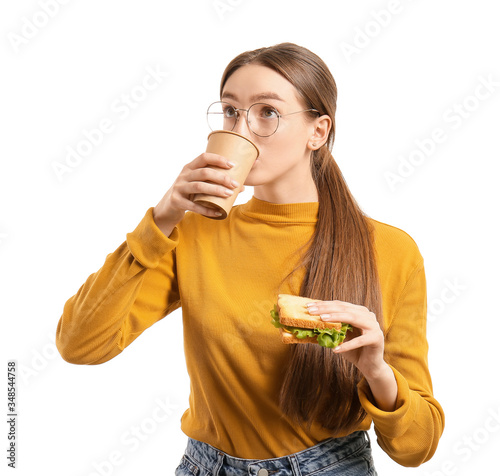 Pupil having lunch on white background