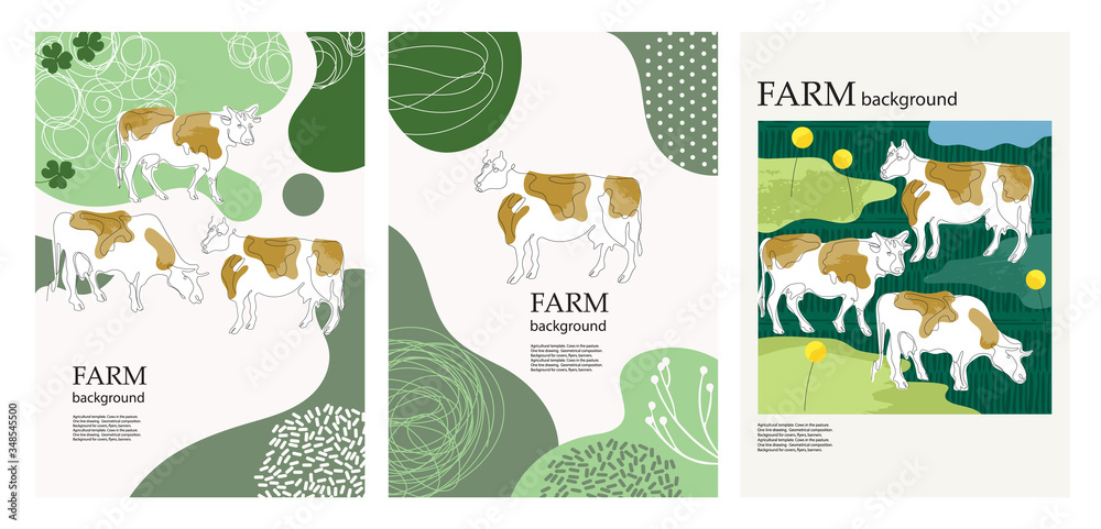 Agricultural background. Cows in the pasture. Minimalistic graphics.