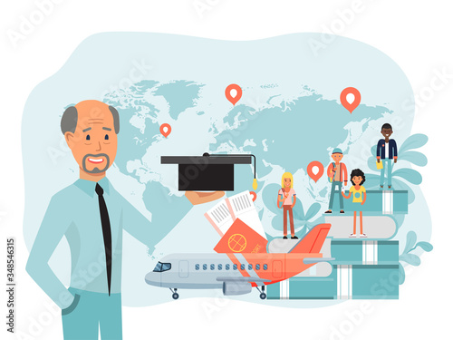 Education travel concept, male character hold education hat isolated on white, flat vector illustration. World exchange student, earth map background travel experience, people stand stack book.