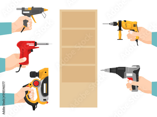 Male hand hold working tool, home repairs special instrument isolated on white, flat vector illustration. Wood processing drill sander and glue machine. Fix household furniture stuff.