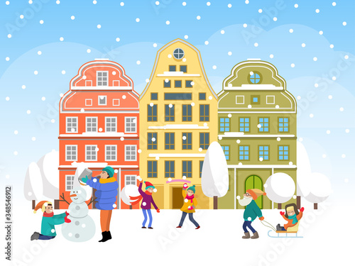 Family winter time spend, concept character kid male female make snowman flat vector illustration. Cozy christmas holiday mood snowball fight, city urban building background snow cover land.