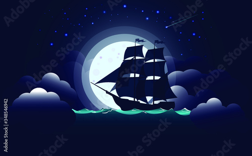 Sailing vessel. A battleship or galleon is floating in the wind. Against the background of stars and the full moon. Vector illustration. photo