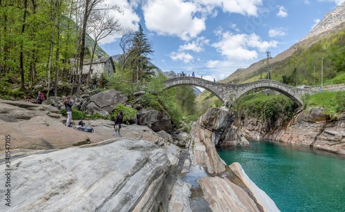 Ponte dei Salti old roman pedestrian bridge blue sky verzasca lavertezzo ticino photo