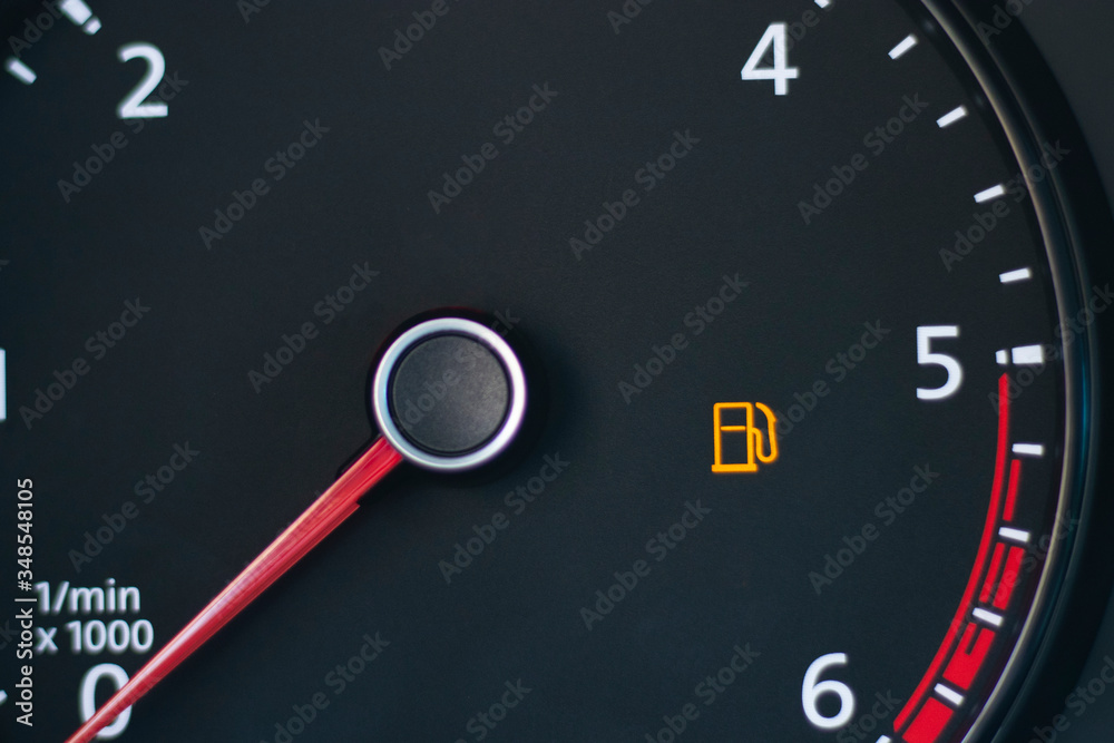 car. Dashboard. Tachometer sensor, arrow on zero. Empty tank sign blinking. There is no fuel car. Dashboard. Tachometer sensor, arrow on zero. Empty tank sign blinking. There is no fuel