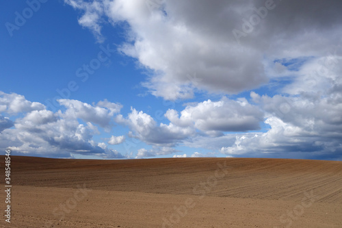 Cultivated agricultural field and cloudy sky.