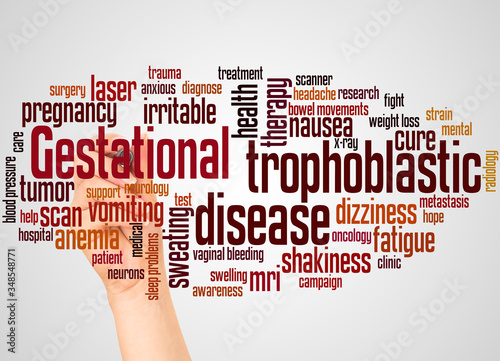 Gestational trophoblastic disease word cloud and hand with marker concept photo