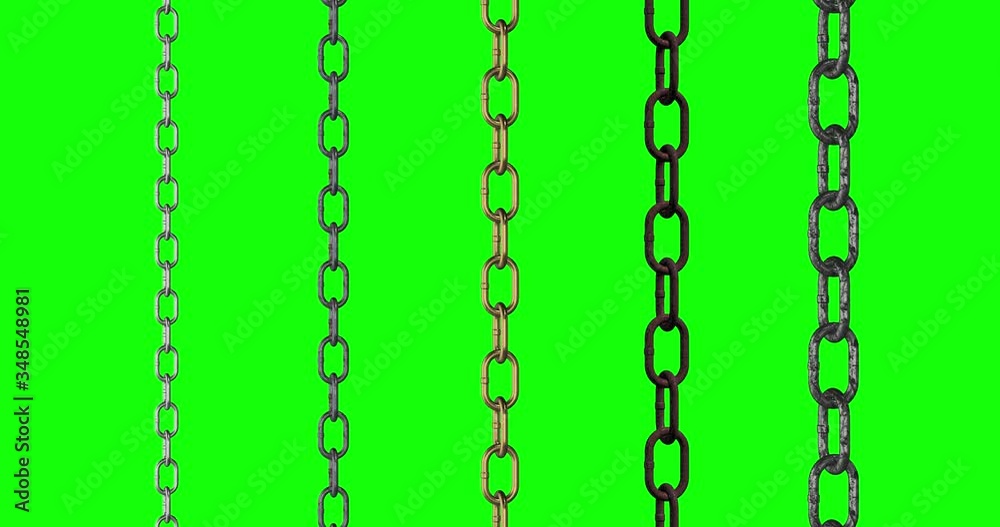Animated 3d presentation of set of metal chains links on green screen chroma key background. Close up view. Connectivity, union concept. Be chained to the system too. Seamless protector. 4k animation
