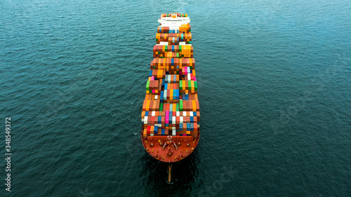 Container cargo ship  import export global business worldwide logistic and transportation, Container ship supply chain crisis, logistic crisis, Aerial view container cargo vessel boat freight ship. © Kalyakan