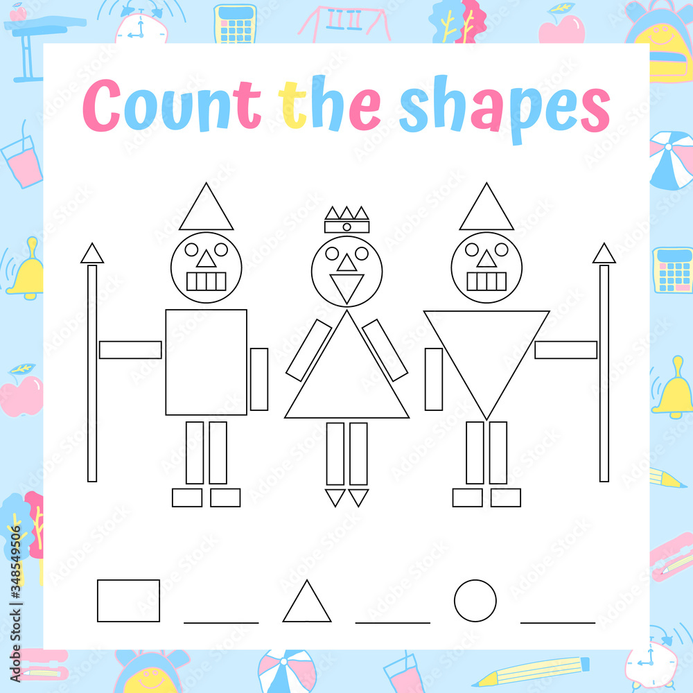 Recognize and count geometric shapes math game. Addition Mathematical Puzzle. Coloring Page. 