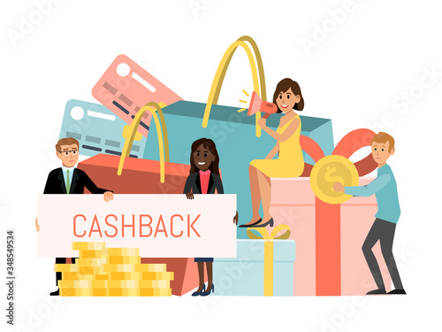 Banking loyalty program, tiny character male female sitting clothing package, coin gold isolated on white, flat vector illustration. Cashback concept shop customer loyalty, cashless payment shopping.
