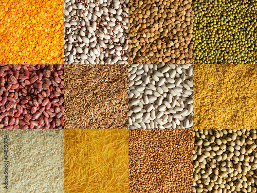 Background of different types of cereals and legumes: yellow lentils, soldier beans, green lentils, green mung bean, red beans, wheat porridge, white beans, bulgur, rice, vermicelli pasta, buckwheat