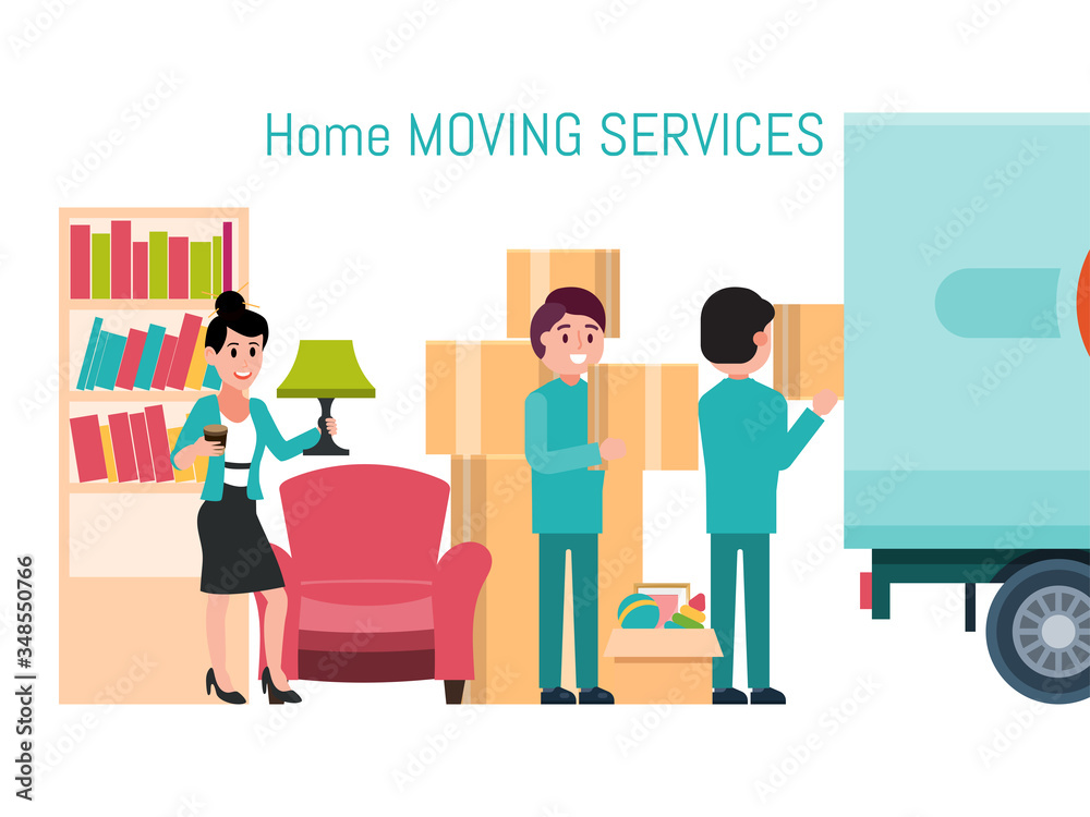 Male female character invocation moving service new house, man loader help removal stuff isolated on white, flat vector illustration. Woman home owner packing thing box, truck vehicle relocation