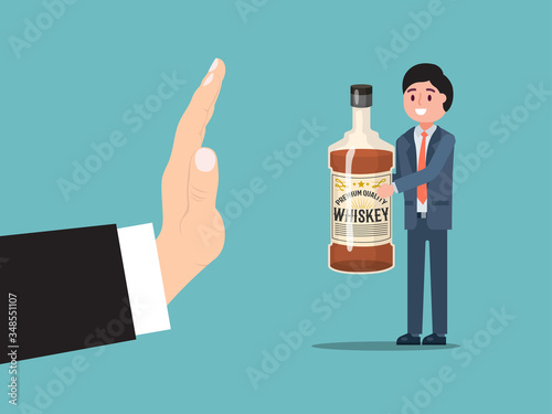 Male gesture stop alcohol consumption, man drunk character hold bottle whiskey isolated on blue, flat vector illustration. Treatment alcohol dependence, boozy person cheerful mood.