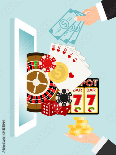 Online gambling play, person human hand hold play card gold coin and casino chip flat vector illustration. Game chance lose money mobile phone and smartphone gadget, internet cash game.
