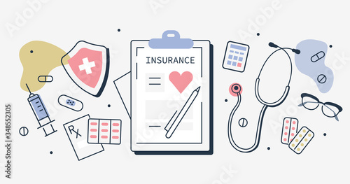 Health Insurance Concept Banner. Health Insurance Policy Contract,  Stethoscope,  Pills, Capsules and Other Medical Things. Doctors Workplace. Flat Line Cartoon Vector Illustration.