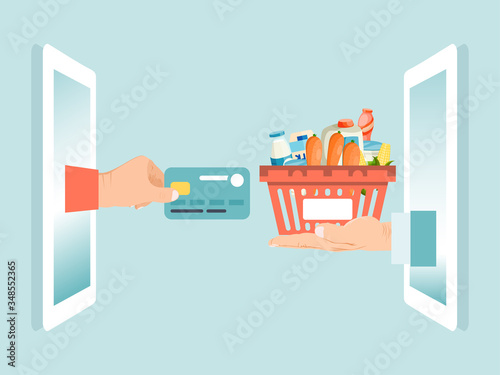 Male hand hold debit credit card, smartphone gadget online foodstuff order isolated on blue, flat vector illustration. Modern divace arm hold supermaster basket different grocery food.