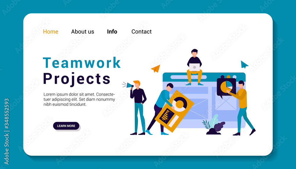 teamwork projects landing page template, flat design. vector illustration teamwork projects landing page template, flat design. vector illustration
