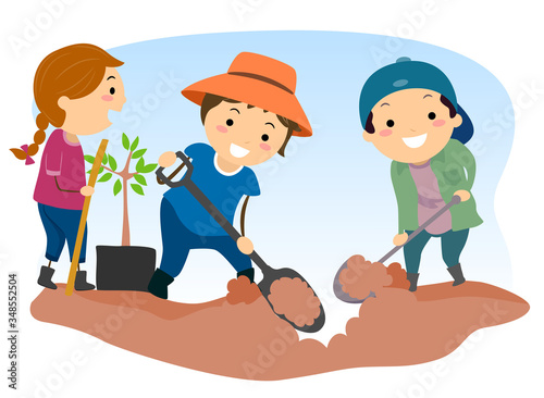 Stickman Kids Dig Soil Illustration