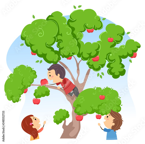 Stickman Kids Pick Word Apples Illustration