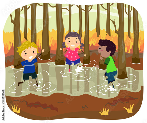 Stickman Kids Swamp Autumn Play Illustration