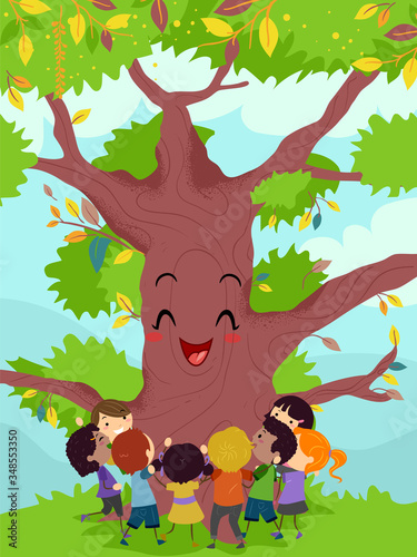 Stickman Kids Hug Happy Big Tree Illustration
