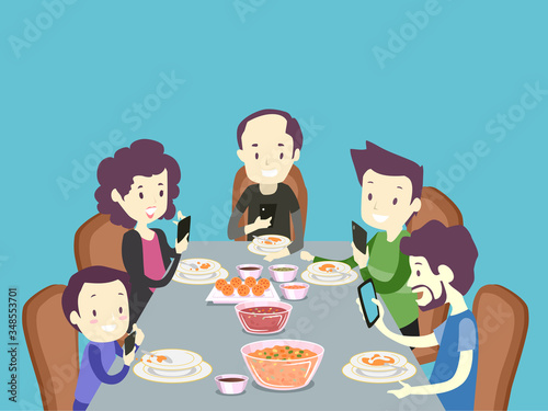 Family Mobile Phone Dinner Illustration