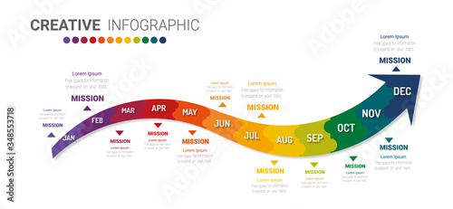Presentation business infographic template for 12 months, 1 year, can be used for Business concept with 12 options, steps or processes.