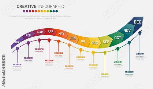 Timeline for 1 year, 12 months, infographics month planner design vector 12 steps and Presentation business can be used for Business concept with 12 options, steps or processes. 