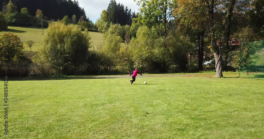 Young children playing soccer. The boy shoots at the goalkeeper and rejoices at the goal. Young children playing soccer. The boy shoots at the goalkeeper and rejoices at the goal.