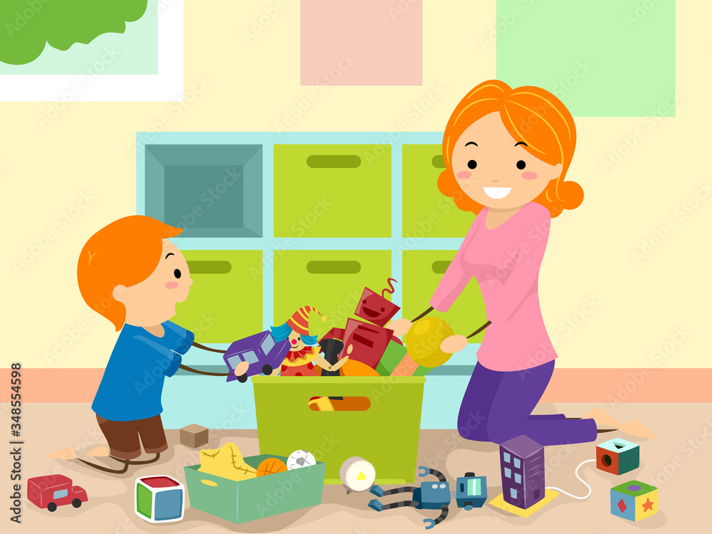 Stickman Kid Mom Organize Toys Illustration Stickman Kid Mom Organize Toys Illustration