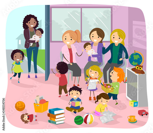 Stickman Mom And Baby Play Group Illustration