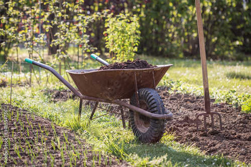 Foto Compost in wheelbarrow and pitchfork in garden at spring