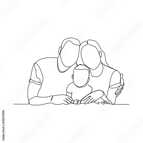 Continuous line drawing of happy family dad, mom, and child. Single line art concept of small family. Vector illustration
