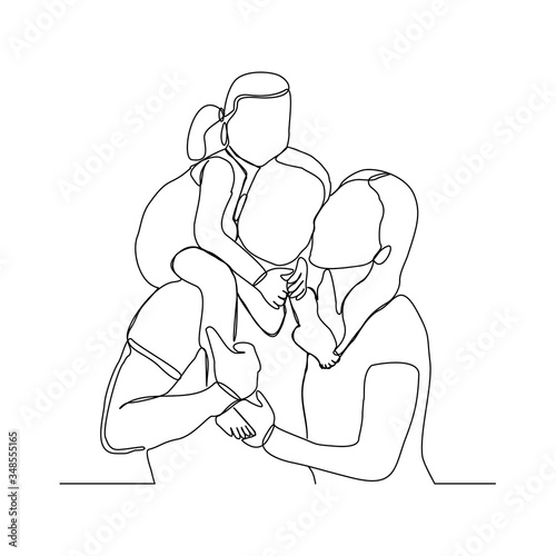 Continuous line drawing of happy family dad, mom, and child. Single line art concept of small family. Vector illustration