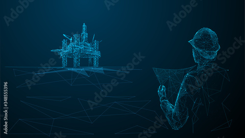 Architect or engineer in hard hat holding a blueprint looking at gas drilling. 3d abstract vector illustration. Construction, business or petroleum industry concept. Low poly wireframe photo