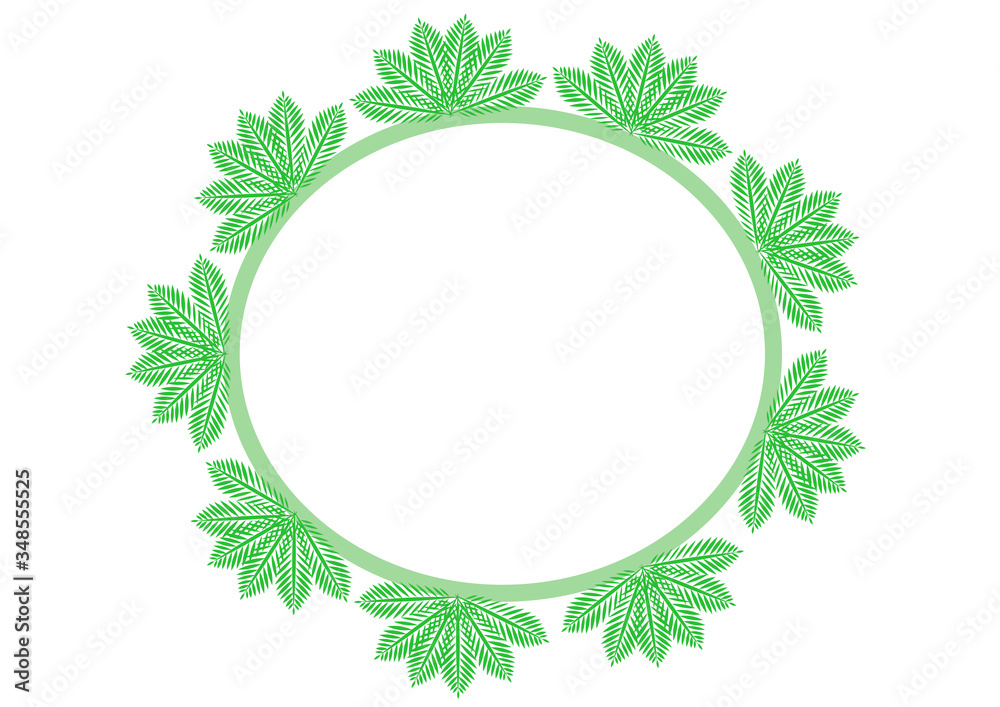 A pattern of leaves in a circle. Spring/summer theme. Vector leaf wreath for invitations, flyers, banners, posters, cards. Wreath and leaves on wedding announcements or invitations.