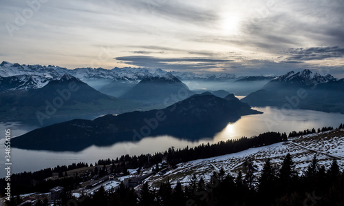 sunset view from rigi into swiss alps and lake lucerne