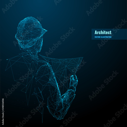 Engineer or architect in hard hat holding a blueprint. Abstract digital vector illustration in dark blue background. Polygonal wireframe with lines and dots. Construction concept.