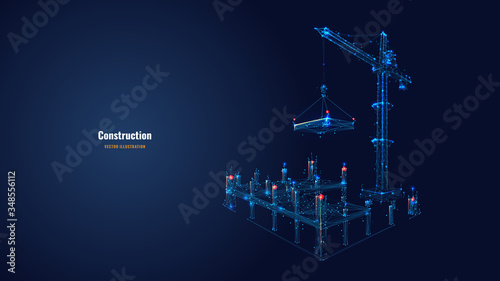 Building work process with construction equipment in dark blue background. High tower crane holding slab. Building construction concept. Abstract vector illustration. Low poly wireframe