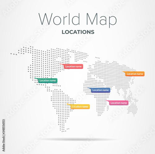 Dot perspective world map with location pointers