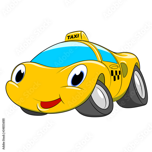 Funny cartoon taxi car. A yellow car on a white background.