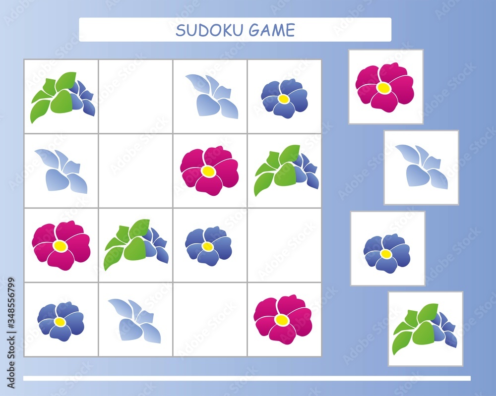 Sudoku for kids. Kids activity sheet. Training logic, educational game. Sudoku game with cute flowers.