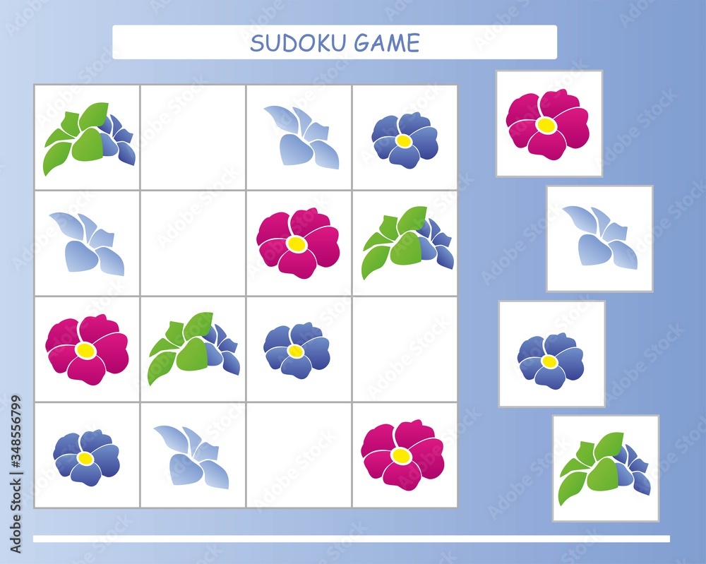 Sudoku for kids. Kids activity sheet. Training logic, educational game. Sudoku game with cute flowers. Sudoku for kids. Kids activity sheet. Training logic, educational game. Sudoku game with cute flowers.