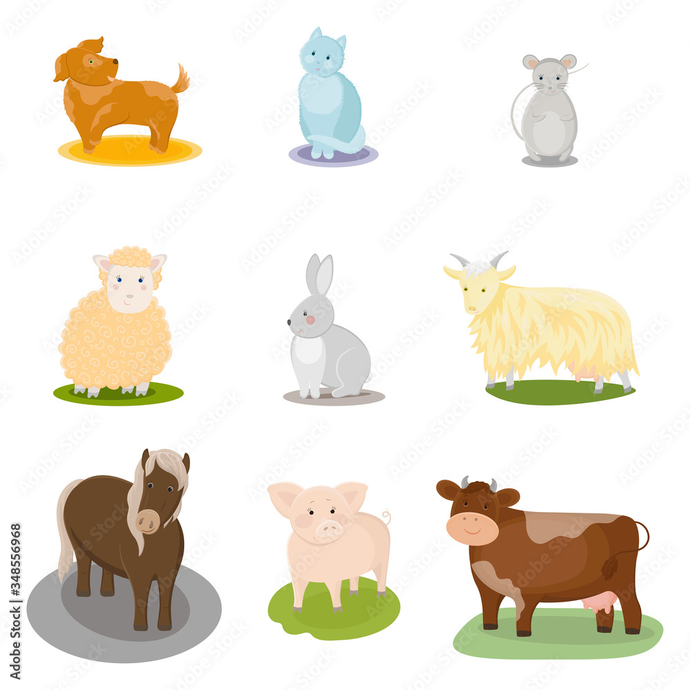 Fototapeta premium Cute cartoon set with farm animals, a dog, a cat, a mouse, a sheep, a rabbit, a goat, a horse, a pig, a cow. Vector hand drawn illustration.