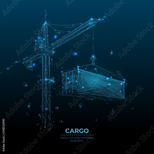 3d tower crane lifting a cargo container in dark blue background. Polygonal transportation or construction concept. Abstract machinery and equipment with lines and dots. Digital vector illustration
