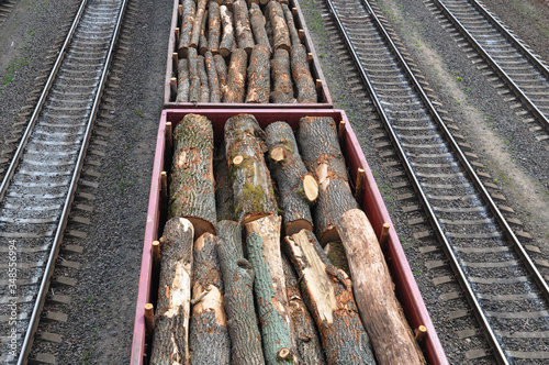 Freight wagons with stacks of timber on the railway. View from above.